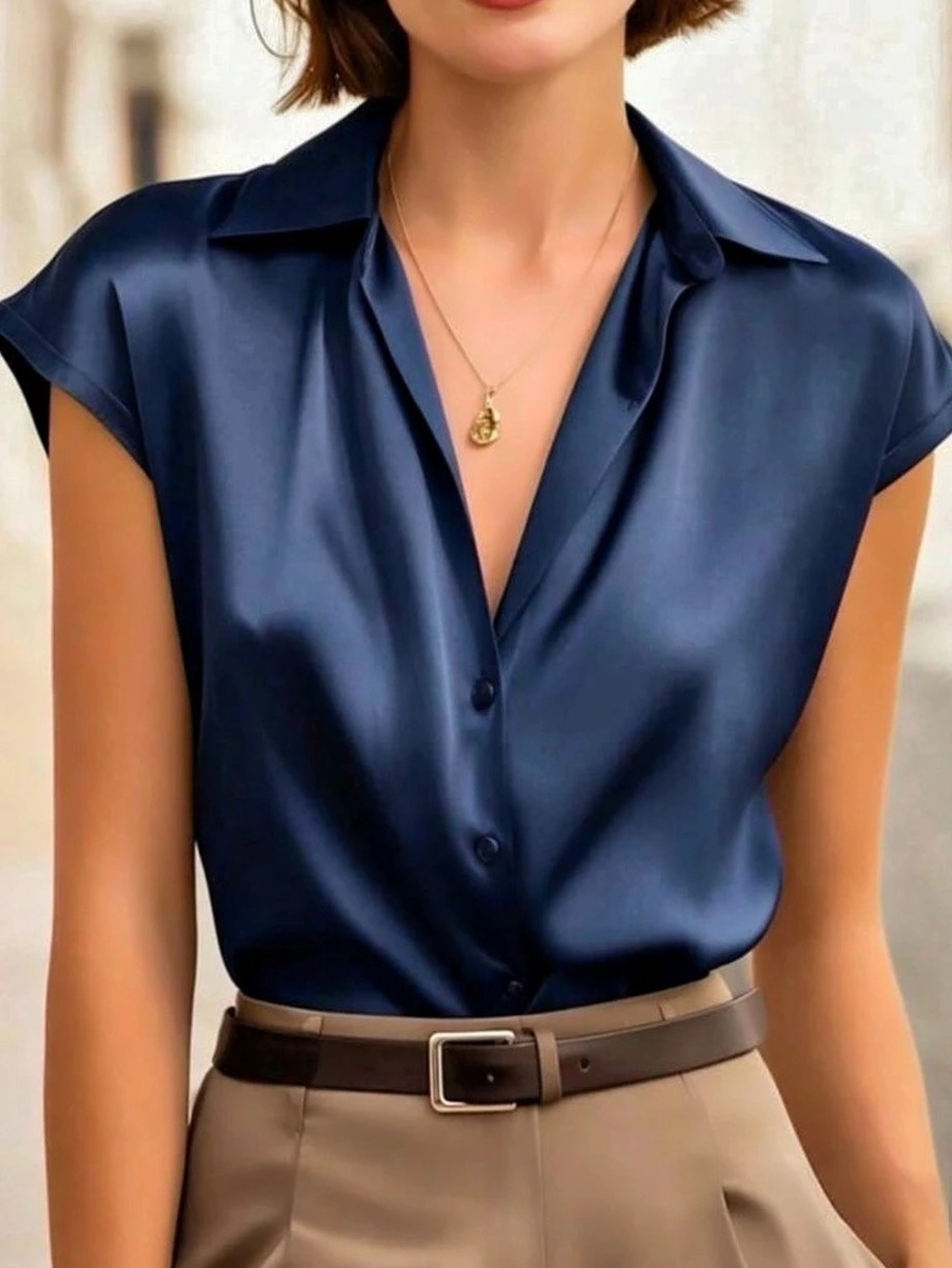 Women's Short Sleeve Button Blouse